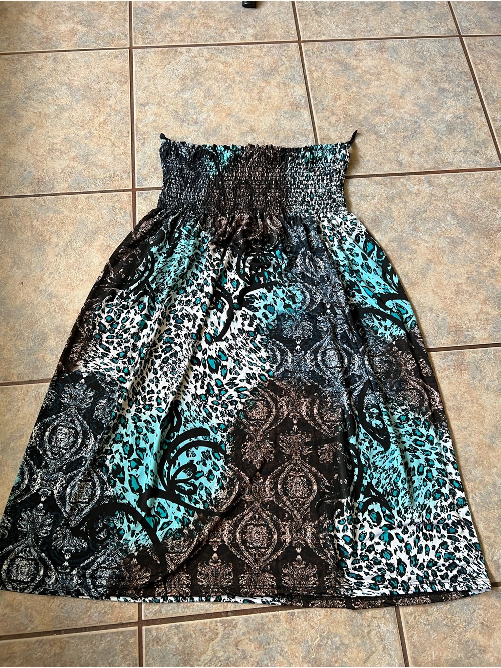 Y2K 2000 Smocked Waist Turquoise & Black Print Midi Dress